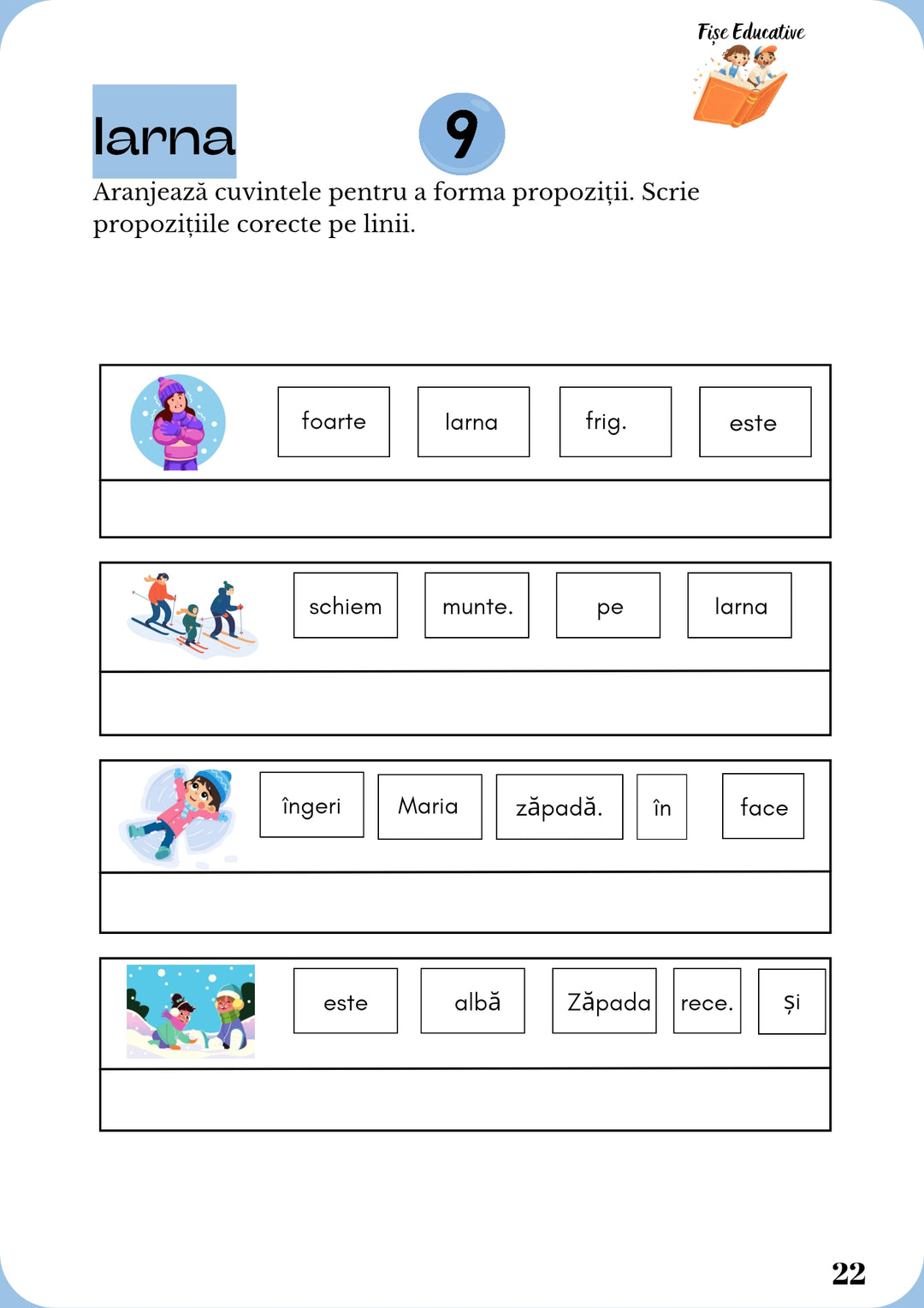 Fișă logopedică – aranjează cuvintele pentru a forma propoziții despre iarnă