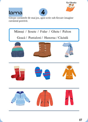 Fișă cu tema iarna – scrierea cuvintelor potrivite sub imagini