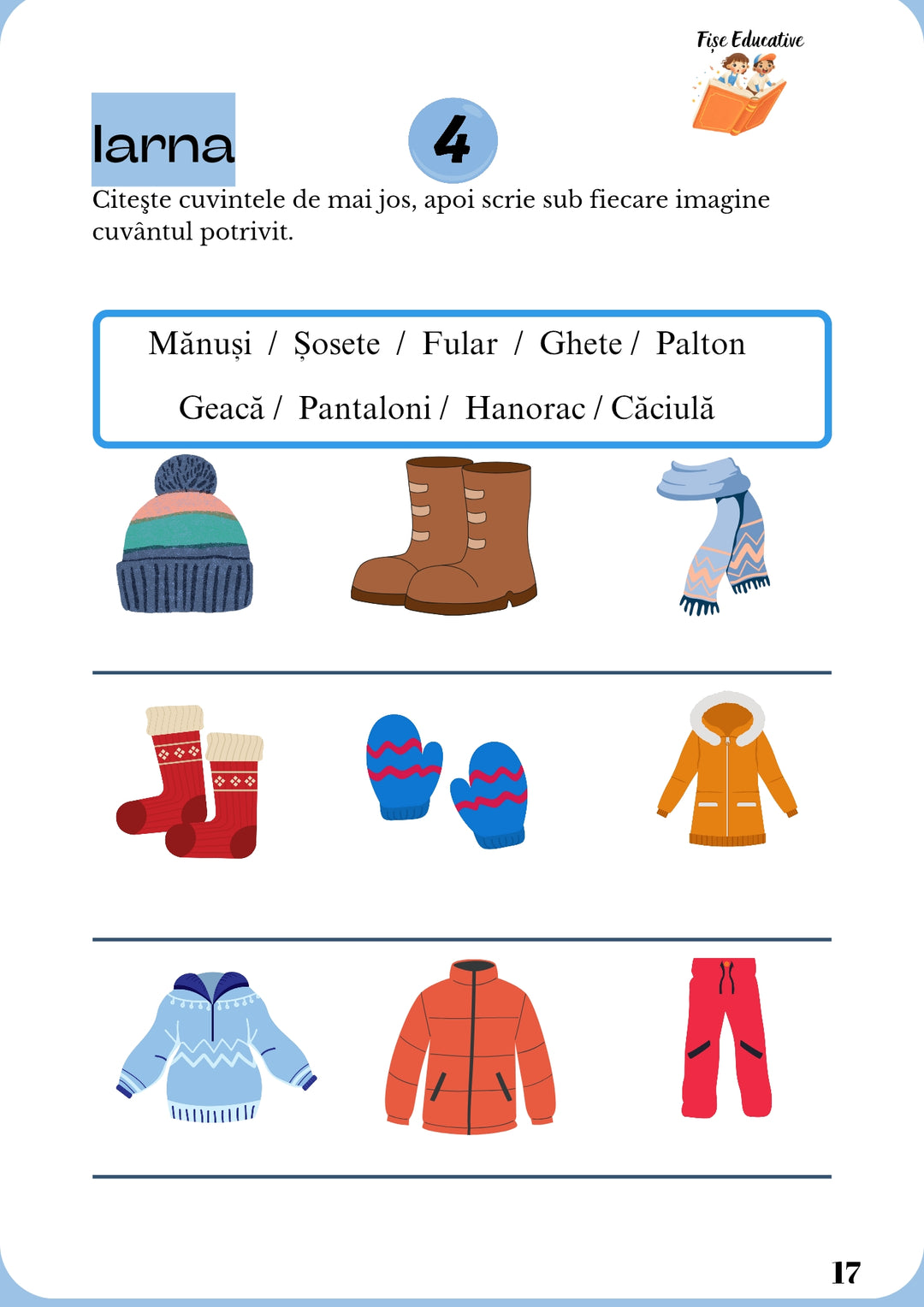 Fișă cu tema iarna – scrierea cuvintelor potrivite sub imagini