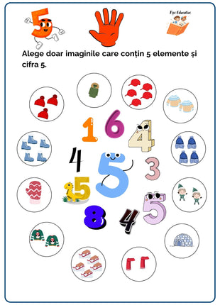 Fișă de matematică pentru clasa pregătitoare – alegerea imaginilor care conțin 5 elemente și recunoașterea cifrei 5