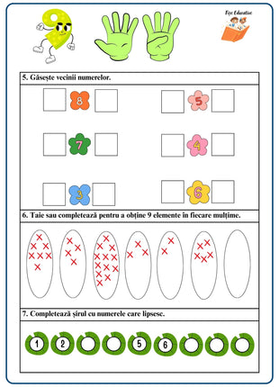 Fișă matematică clasa pregătitoare – vecinii numerelor, completarea mulțimilor și completarea șirului numeric