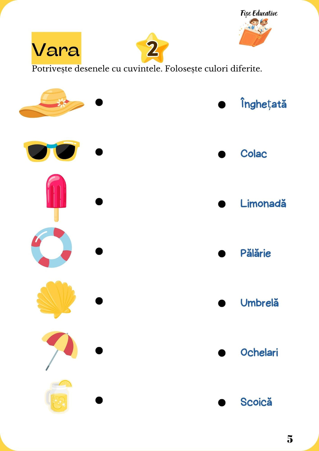 Fișă educativă vară – potrivirea desenelor cu cuvintele