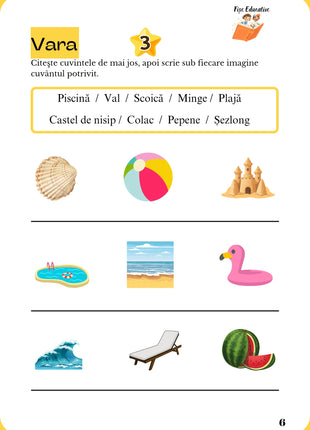 Fișă de comunicare – scrierea cuvintelor potrivite sub imagini de vară
