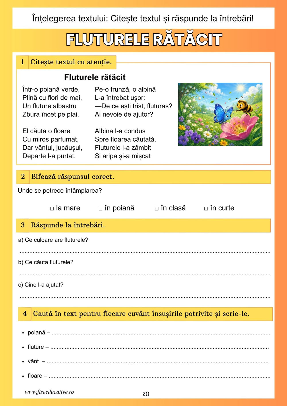Caiet PDF cu fise pentru citire si intelegerea textului, recomandat pentru recapitulare clasa 1.
