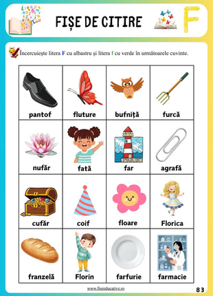 Fișe de citire pentru clasa pregătitoare – exerciții de recunoaștere a literei F în cuvinte cu imagini