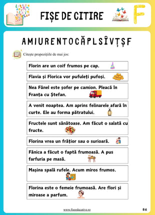 Fișe de citire pentru clasa pregătitoare – exerciții cu propoziții simple pentru dezvoltarea citirii fluente la copii