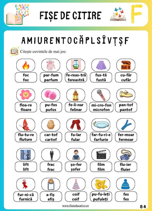 Fișe de citire pentru clasa pregătitoare – exerciții de citire pe silabe și formare de cuvinte cu imagini