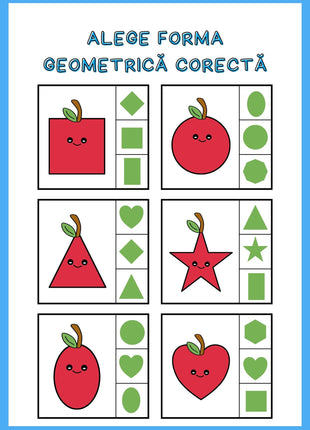 Fișe educative cu forme geometrice pentru copii de 3–4 ani, activități de recunoaștere