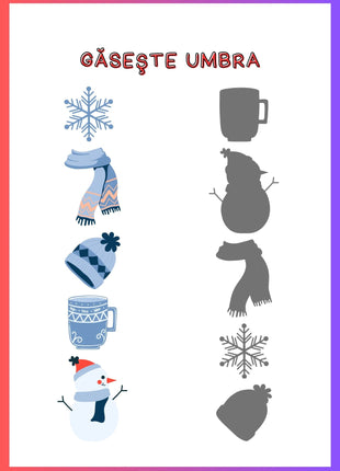 Fișe de lucru „Găsește umbra” pentru copii de 3–4 ani – exerciții de asociere vizuală