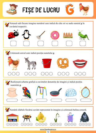 Fișă de lucru litera G – poziția sunetului și numărare silabe