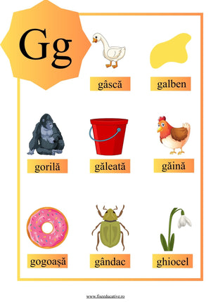 Fișă de lucru litera G pentru clasa pregătitoare – imagini și cuvinte cu G