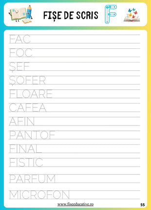 Exerciții scriere cuvinte litere mari de tipar clasa pregătitoare – fișe PDF copii