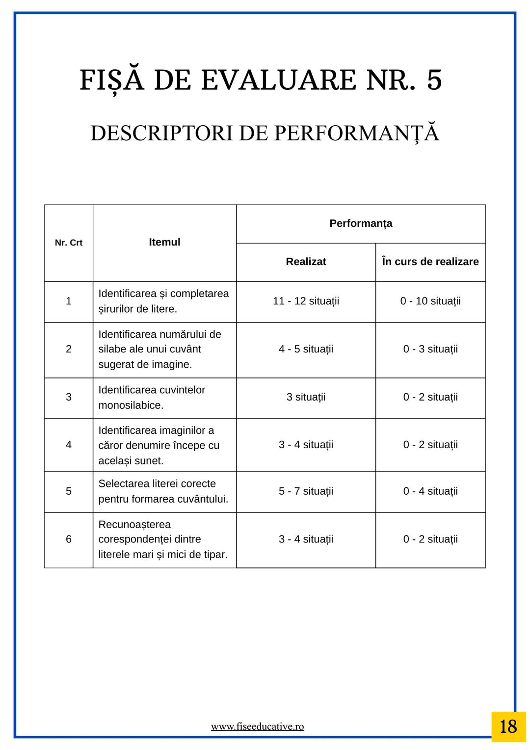 Exercitii de evaluare pentru recunoasterea literelor in clasa pregatitoare.