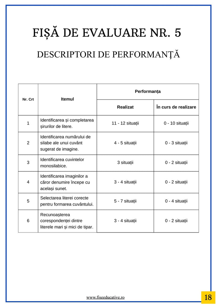 Exercitii de evaluare pentru recunoasterea literelor in clasa pregatitoare.