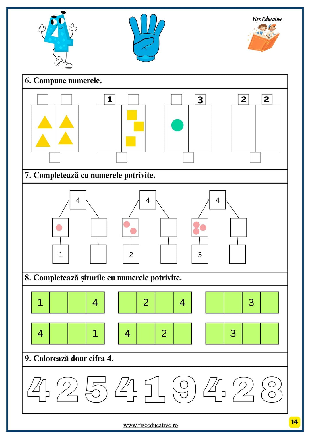 Fise de lucru matematica cu exercitii de asociere intre numar si cantitate, potrivite pentru clasa pregatitoare.