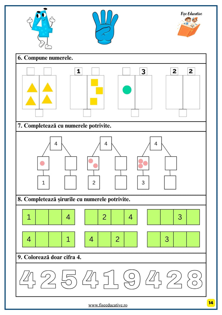 Fise de lucru matematica cu exercitii de asociere intre numar si cantitate, potrivite pentru clasa pregatitoare.