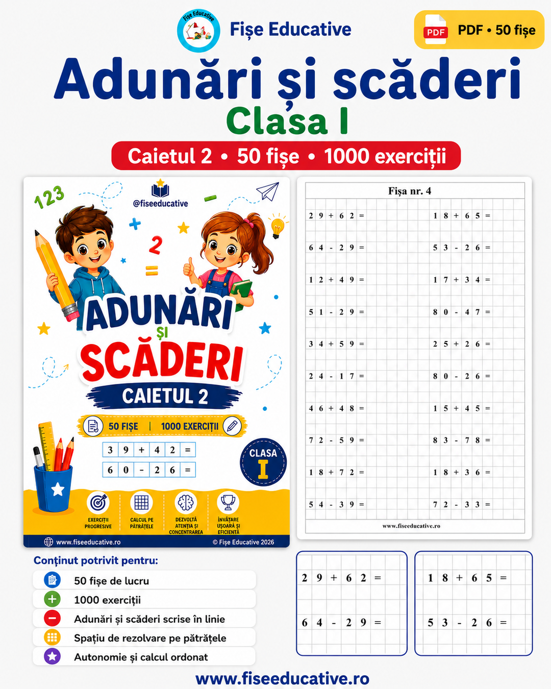 scaderi cu trecere peste ordin, fișe PDF clasa 1