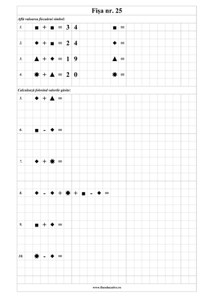 Exerciții de logică matematică pentru clasa I cu simboluri, adunări și scăderi în format PDF.