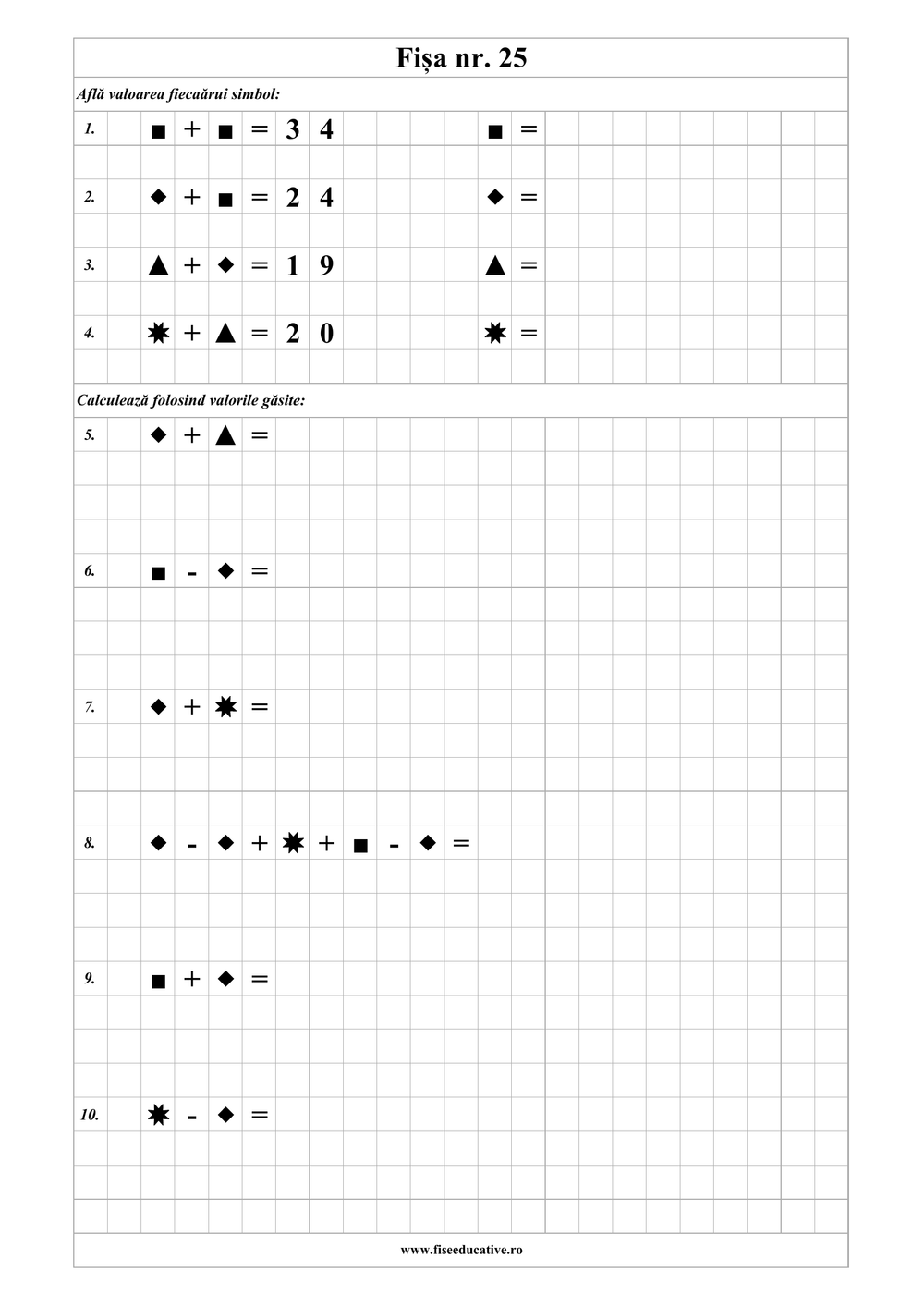 Exerciții de logică matematică pentru clasa I cu simboluri, adunări și scăderi în format PDF.