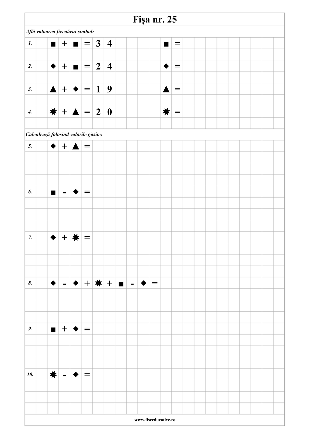 Exerciții de logică matematică pentru clasa I cu simboluri, adunări și scăderi în format PDF.