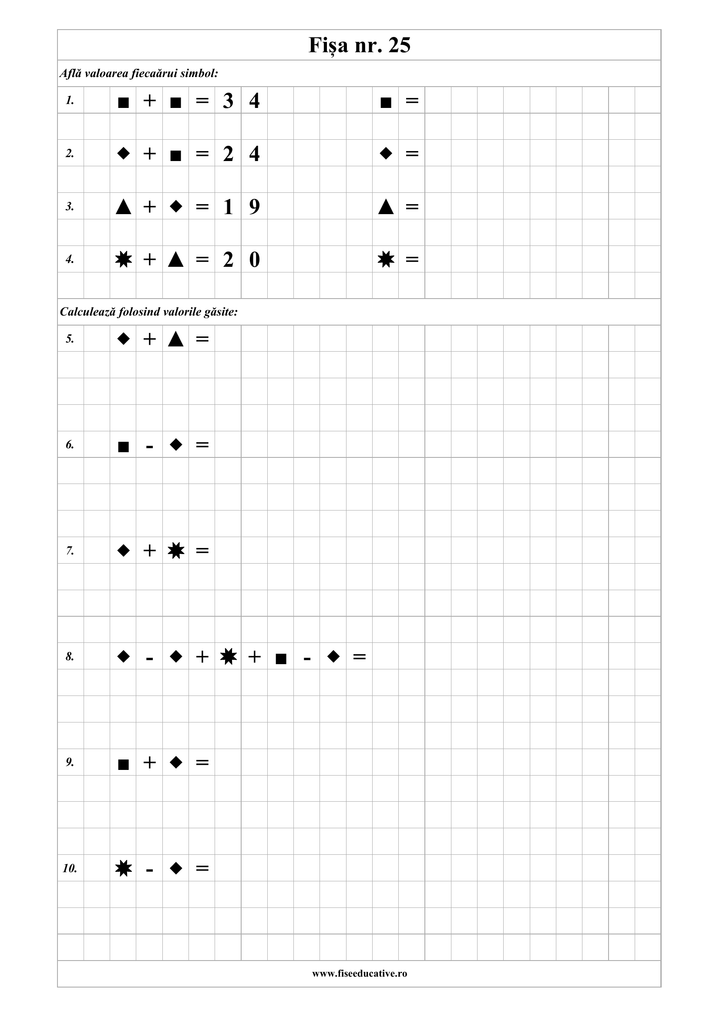 Exerciții de logică matematică pentru clasa I cu simboluri, adunări și scăderi în format PDF.