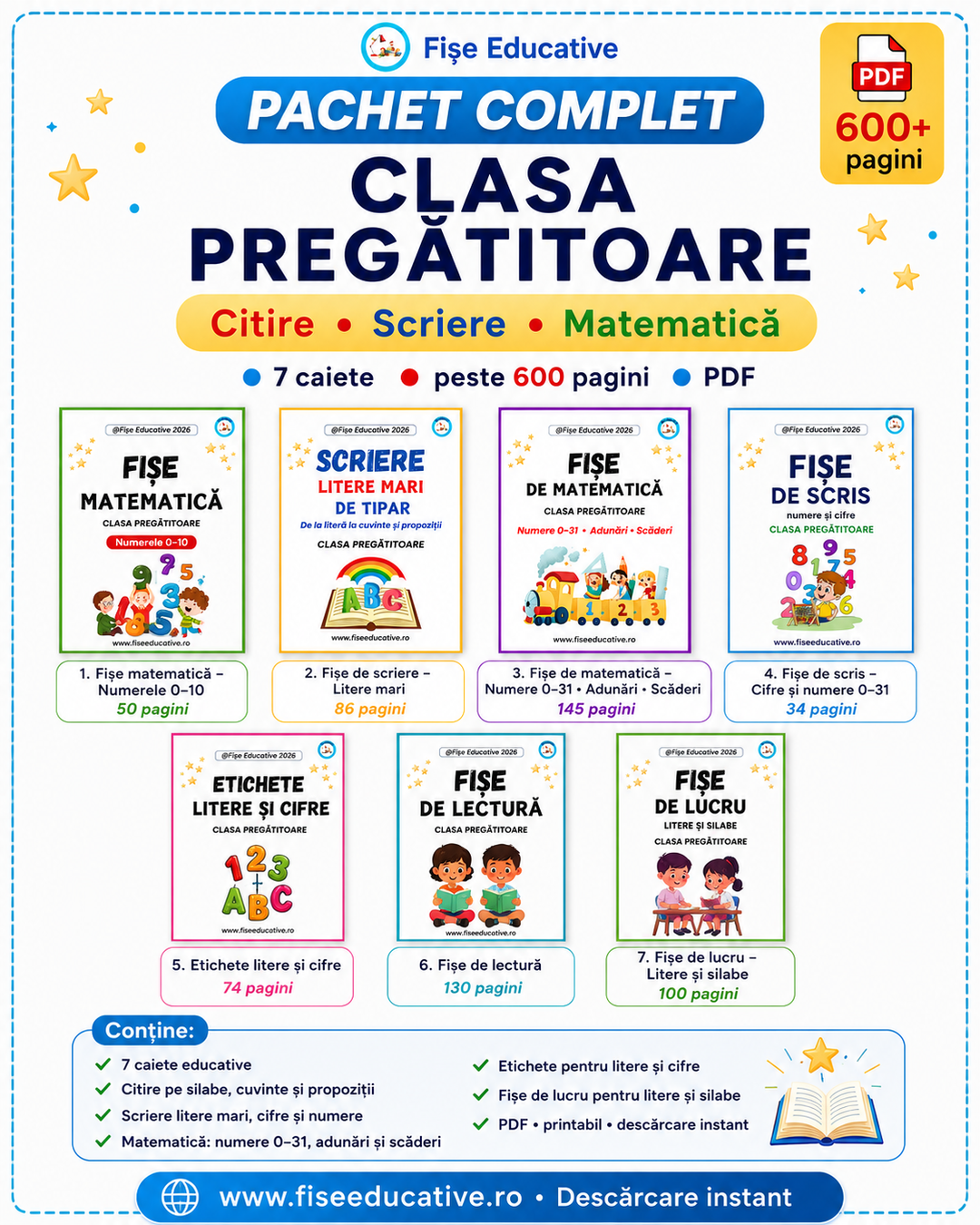 Pachet complet clasa pregatitoare PDF 600 pagini – fise matematica, citire, scriere si comunicare + etichete litere si cifre bonus