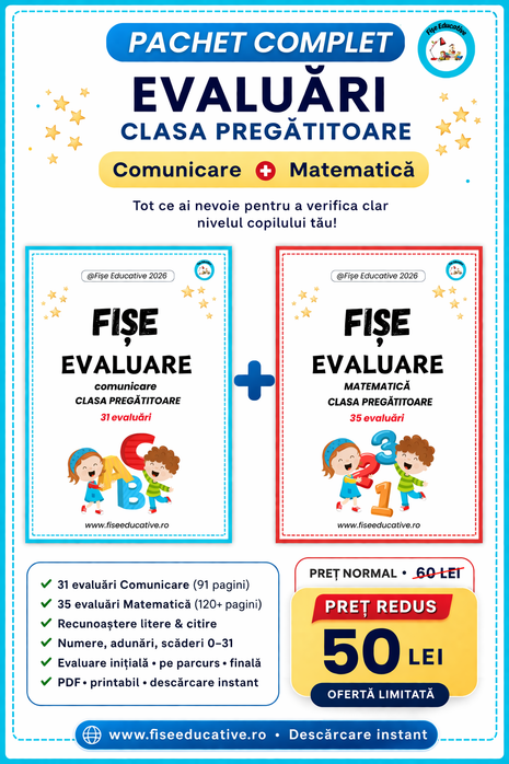 Pachet evaluări clasa pregătitoare – comunicare și matematică PDF, 31 fișe comunicare și 35 fișe matematică, verificare nivel copil, preț 50 lei