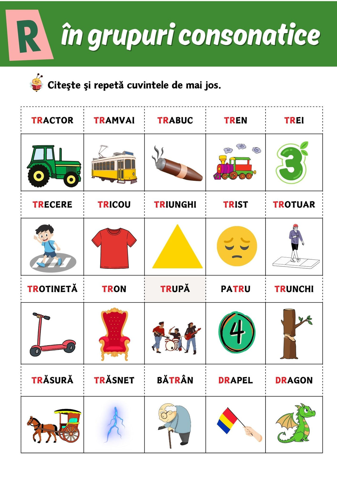 Activități de identificare și pronunție pentru grupuri consonantice S L R