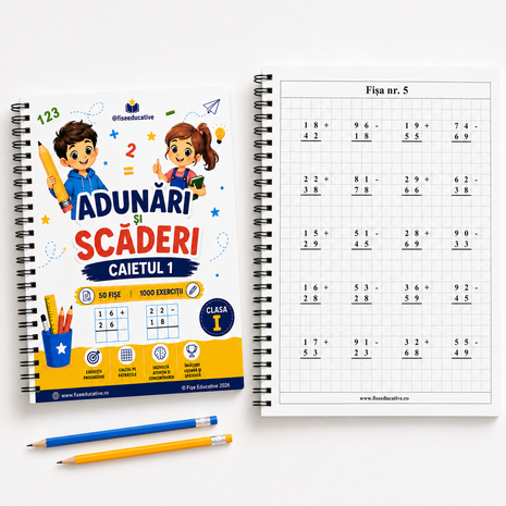 Adunări și scăderi clasa I – Caietul 1 PDF | 50 fișe, 1000 exerciții