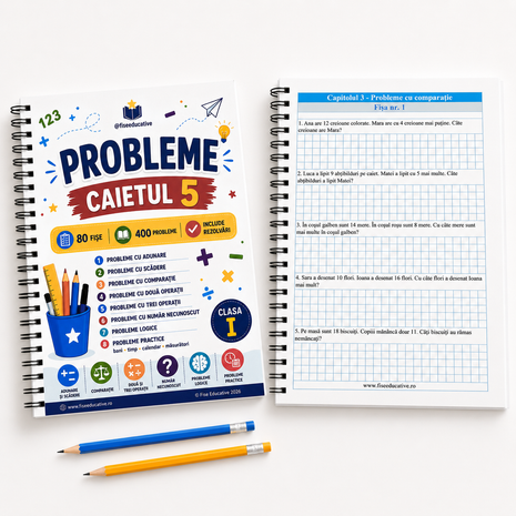 Probleme matematică clasa I – Caietul 5 PDF | 400 probleme cu rezolvări