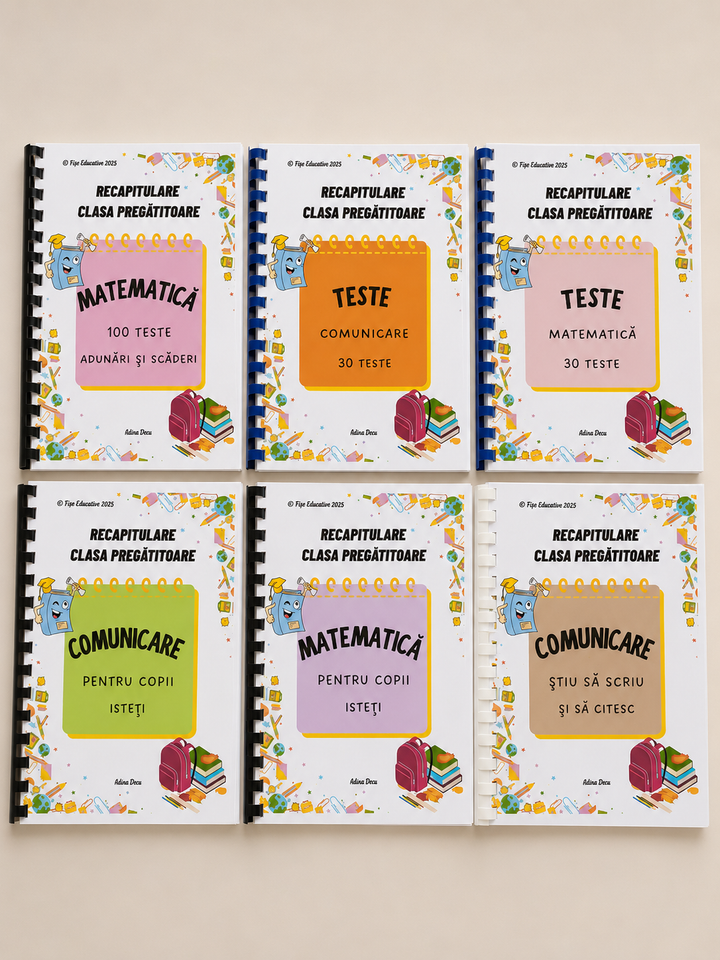Set tipărit de recapitulare pentru clasa pregătitoare, cu fișe de matematică, comunicare, citire, scriere și teste.