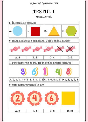 Pagina din Testul 1 – matematică pentru clasa pregătitoare, cu exerciții de recunoaștere a pătratului, scădere cu bomboane, ordonarea numerelor descrescător și completarea unui șir de numere.