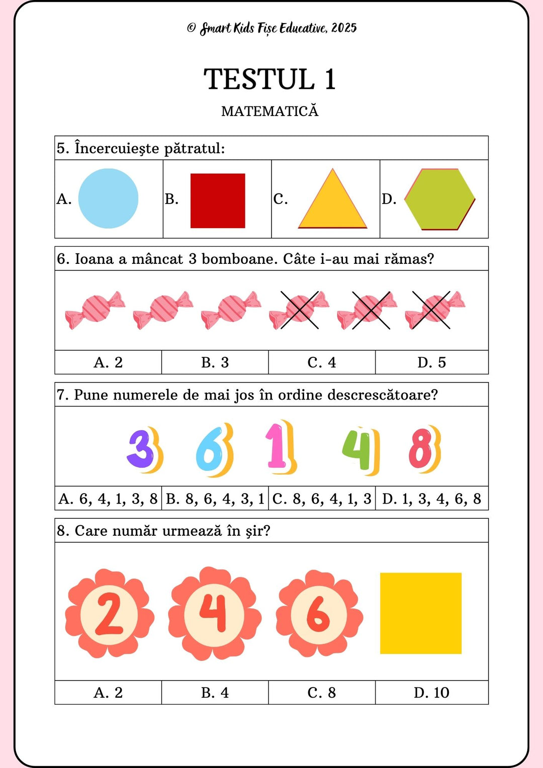 Pagina din Testul 1 – matematică pentru clasa pregătitoare, cu exerciții de recunoaștere a pătratului, scădere cu bomboane, ordonarea numerelor descrescător și completarea unui șir de numere.