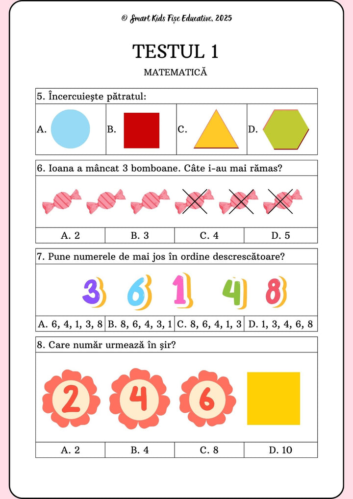 Pagina din Testul 1 – matematică pentru clasa pregătitoare, cu exerciții de recunoaștere a pătratului, scădere cu bomboane, ordonarea numerelor descrescător și completarea unui șir de numere.