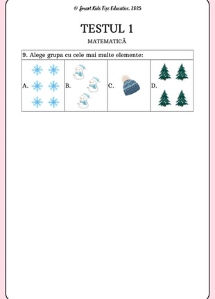 Exercițiu de matematică pentru clasa pregătitoare – alegerea grupei cu cele mai multe elemente, cu fulgi de zăpadă, oameni de zăpadă, căciulă și brazi