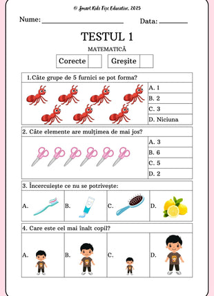 Pagină de exemplu din caietul „Teste grilă de matematică pentru clasa pregătitoare” – Testul 1, cu exerciții de numărare, mulțimi, încercuire obiectul care nu se potrivește și alegerea celui mai înalt copil.