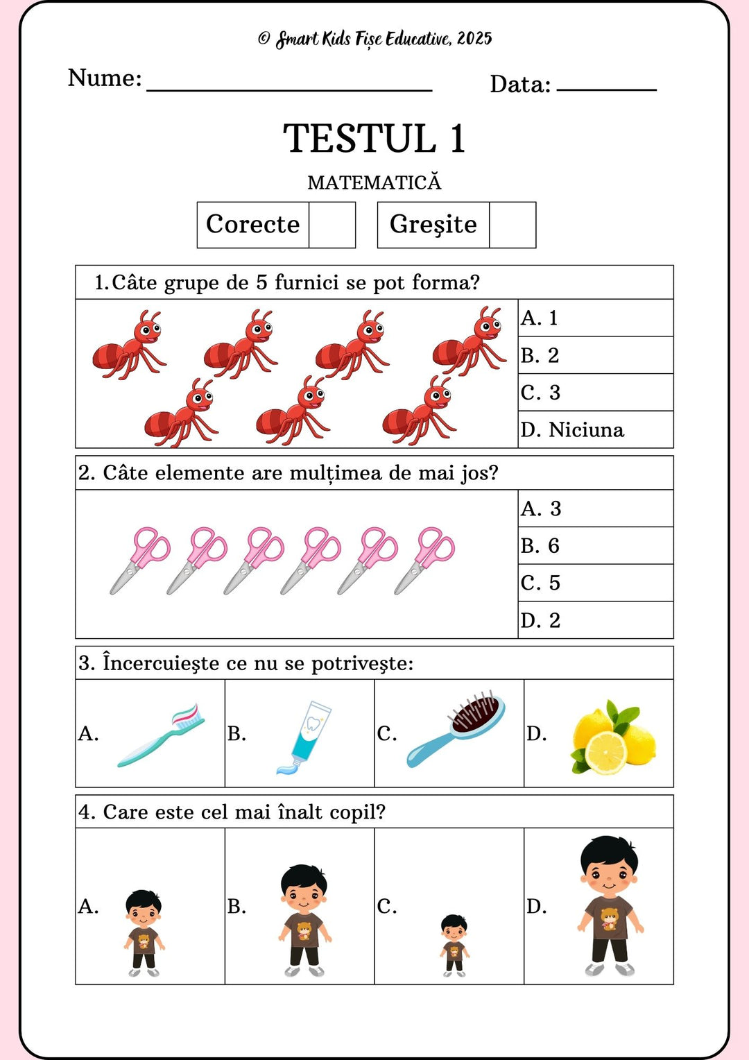 Pagină de exemplu din caietul „Teste grilă de matematică pentru clasa pregătitoare” – Testul 1, cu exerciții de numărare, mulțimi, încercuire obiectul care nu se potrivește și alegerea celui mai înalt copil.